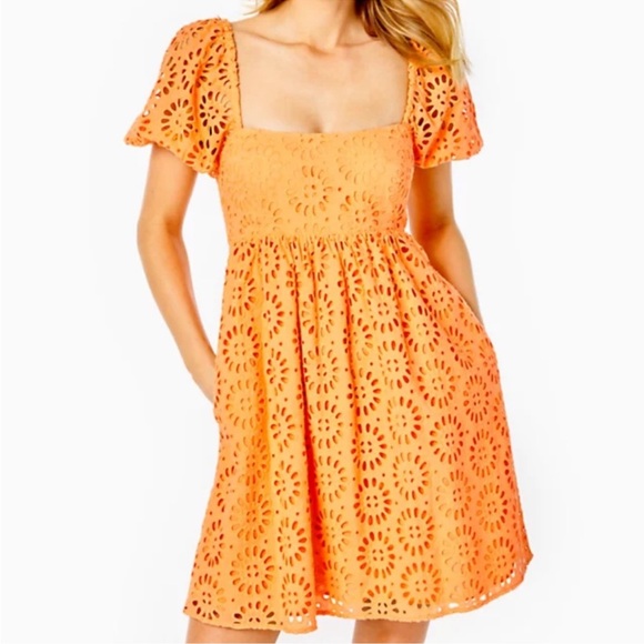 Lilly‎ Pulitzer Kay Puff Sleeve Eyelet Dress Cantaloupe 2 Babydoll size 8